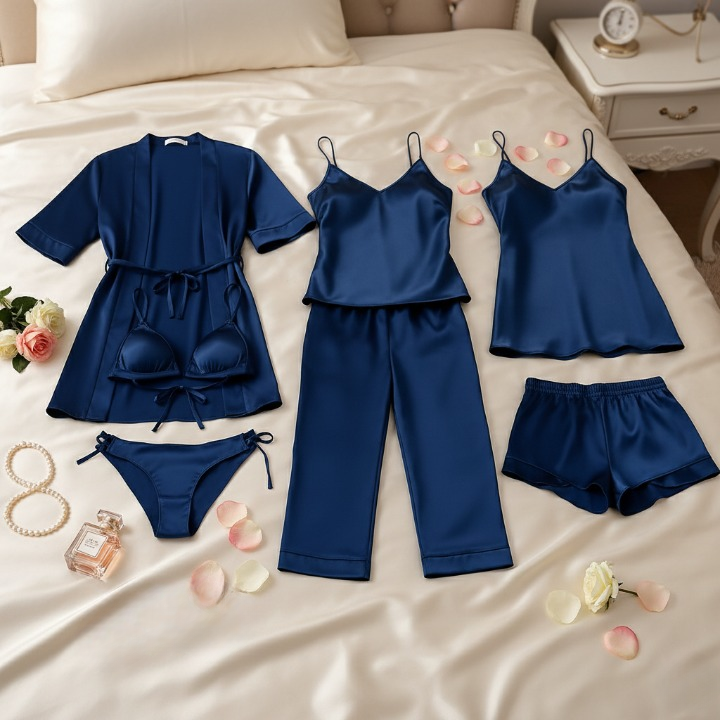 7-Piece Satin Sleepwear & Lingerie Set for Women – Luxury Nightwear Collection with Robe, Slip Dress, Free Size (DC-7001) - Image 4
