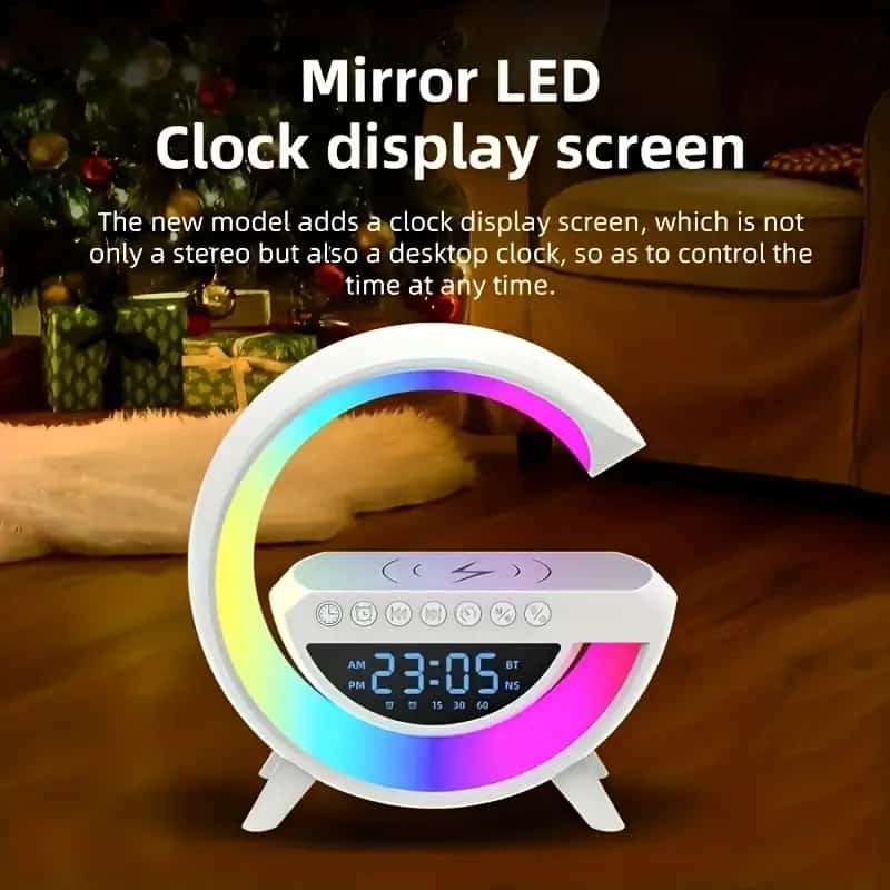 BT- 3401 Multi-functional LED Clock Display Speaker G Lamp | LED wireless charging speaker, G-shaped speaker light, Bluetooth Mp3 player, night light and alarm clock, for living room - Image 2