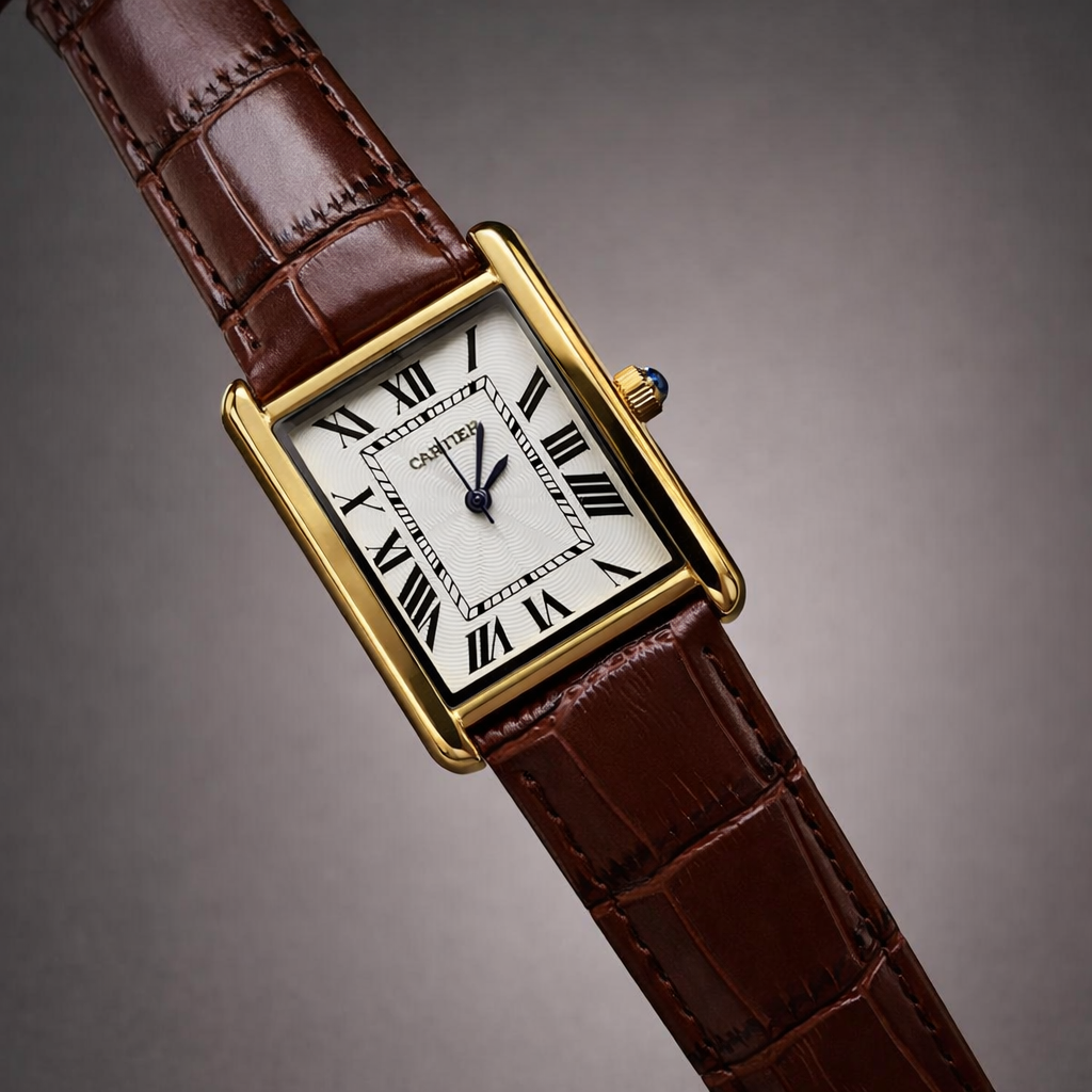 Cartier Style Rectangular Analog Watch for Men – Brown Leather Strap | Quartz Wrist Watch - Image 2
