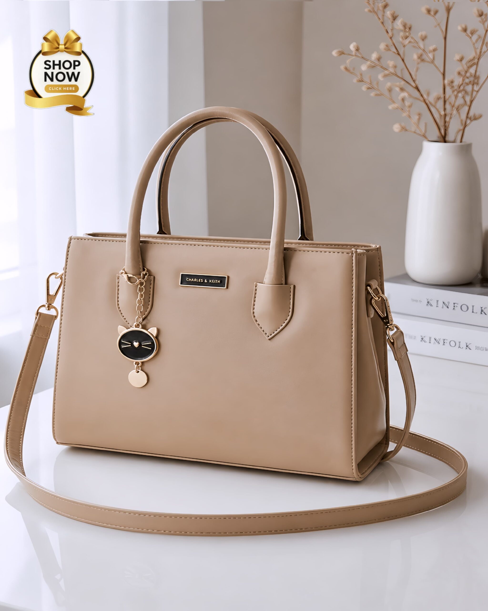 Charles And Keith 2 Zipper Bag Leatherette Handbag With Small Cat Charm And Detachable Shoulder Strap - Image 3