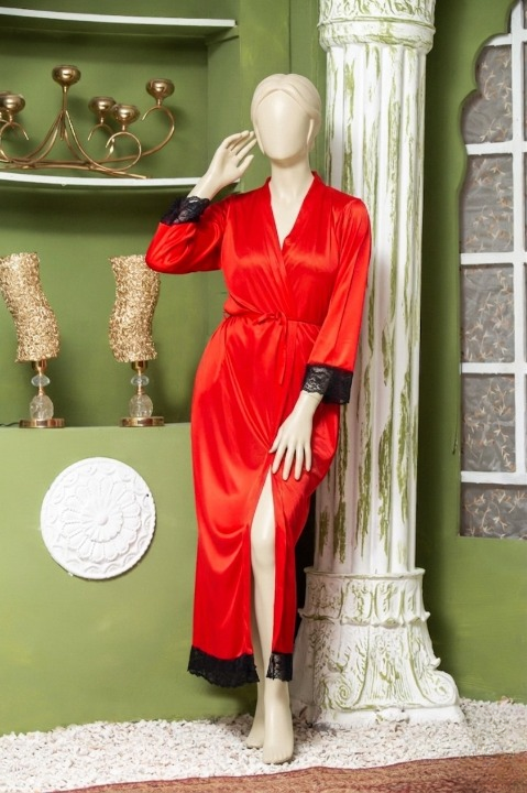 Elegant Luxury Silk Night Gown with Delicate Lace Trim - Comfortable Sleepwear for Women Free Size - Sku : R-016