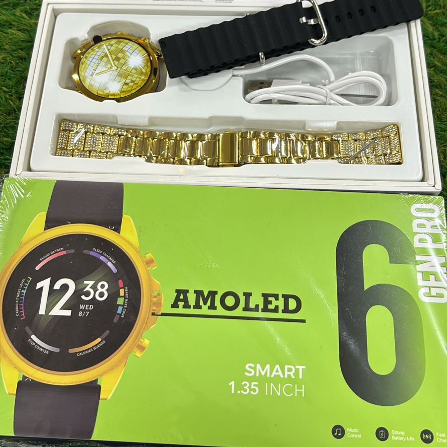GEN PRO 6 AMOLED Smartwatch – Display with Dual Straps (Silicone + Golden Metal Strap) - Image 2