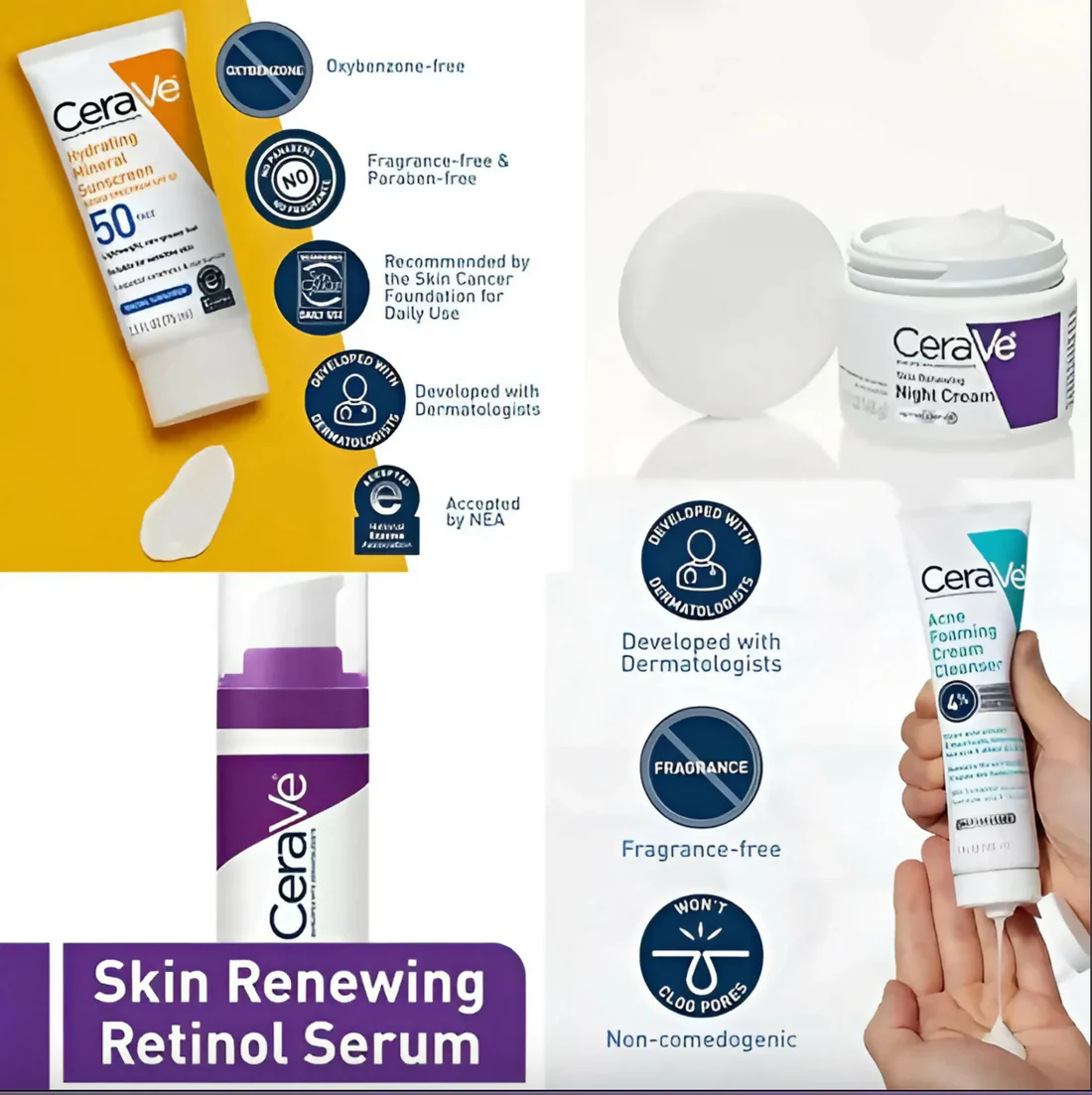 CeraVe 4 In 1 Skincare Kit Night Cream Retinol Serum Acne Foaming Cream Cleanser Hydrating Mineral Sunscreen - Image 2