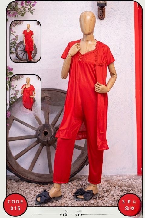 Luxury Silk 3-Piece Nightwear Set for Women – Free Size – Premium Satin Robe & Pajama Suit (SKU: R-015) - Image 3