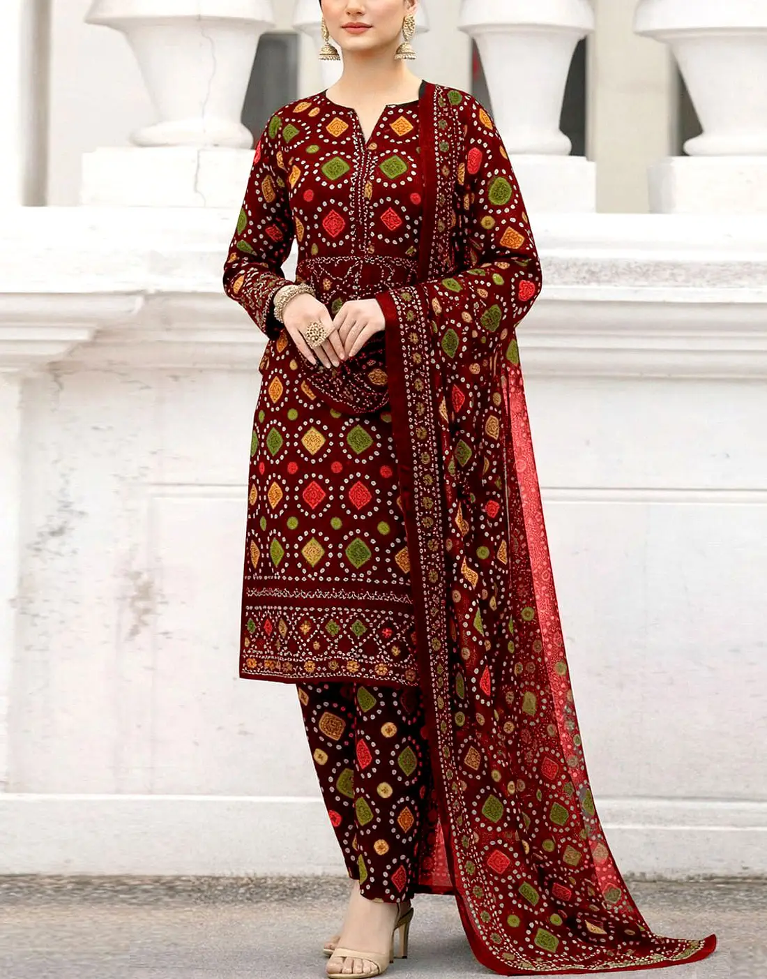 Trendy Digital Chunri Print Embroidered Lawn 3PC Unstitched Suit with Chiffon Dupatta