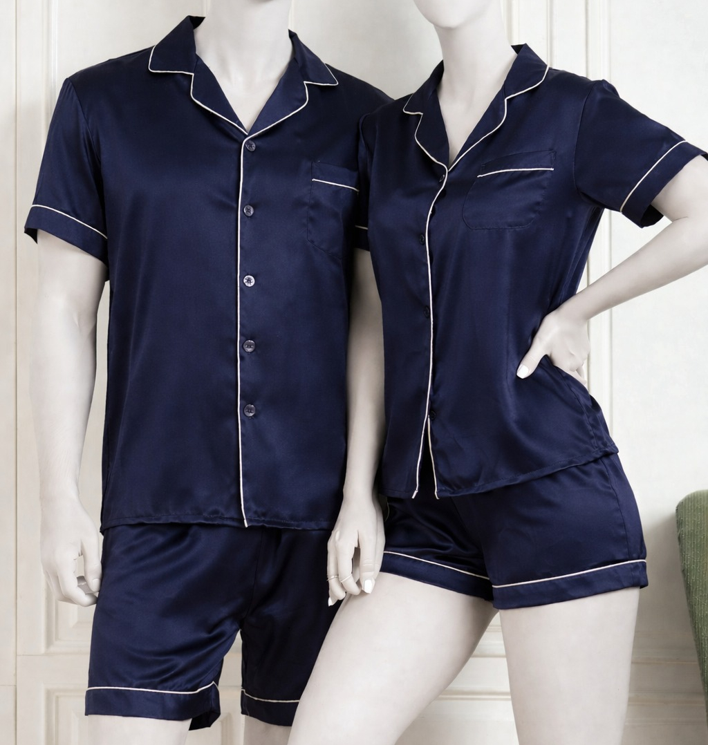 Couple Night Dress Silk Pajama Set – Short Sleeve Shirt & Shorts (4 Pcs) | SKU DC-C014
