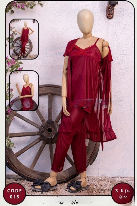 Luxury Silk 3-Piece Nightwear Set for Women – Free Size – Premium Satin Robe & Pajama Suit (SKU: R-015) - Image 2