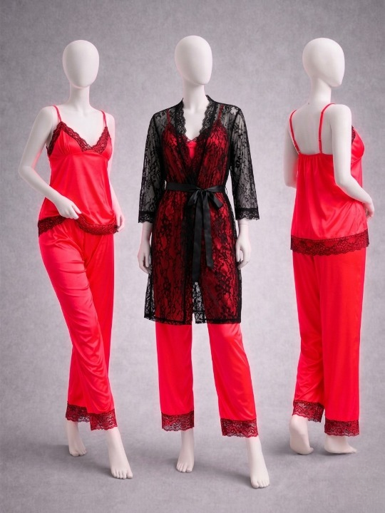 Elegant 3-Piece Women's Nightwear Set – Silk Cami, Pyjamas & Lace Robe (Free Size) - Image 2