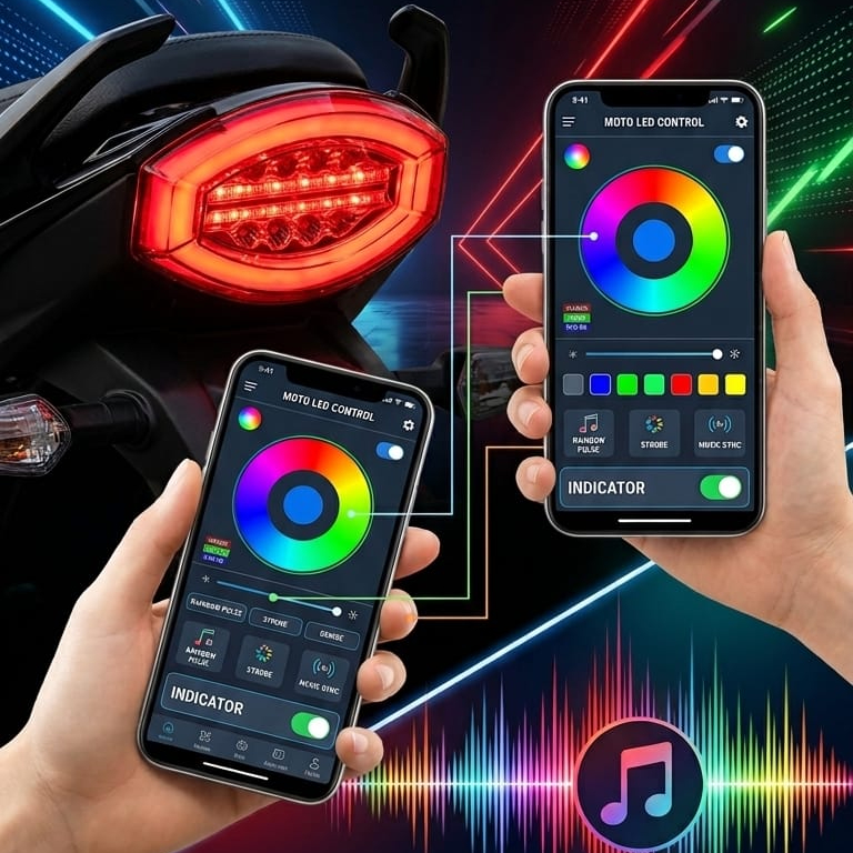 Smart RGB LED Backlight Integrated Indicator for 125cc Bikes | Bluetooth App Control Multi-Color Tail Light | Music Sync Mode & Integrated Turn Signal Support