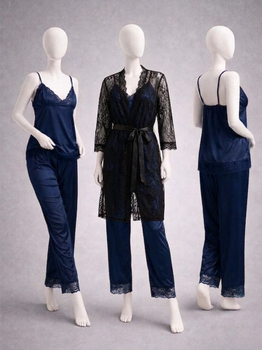 Elegant 3-Piece Women's Nightwear Set – Silk Cami, Pyjamas & Lace Robe (Free Size)