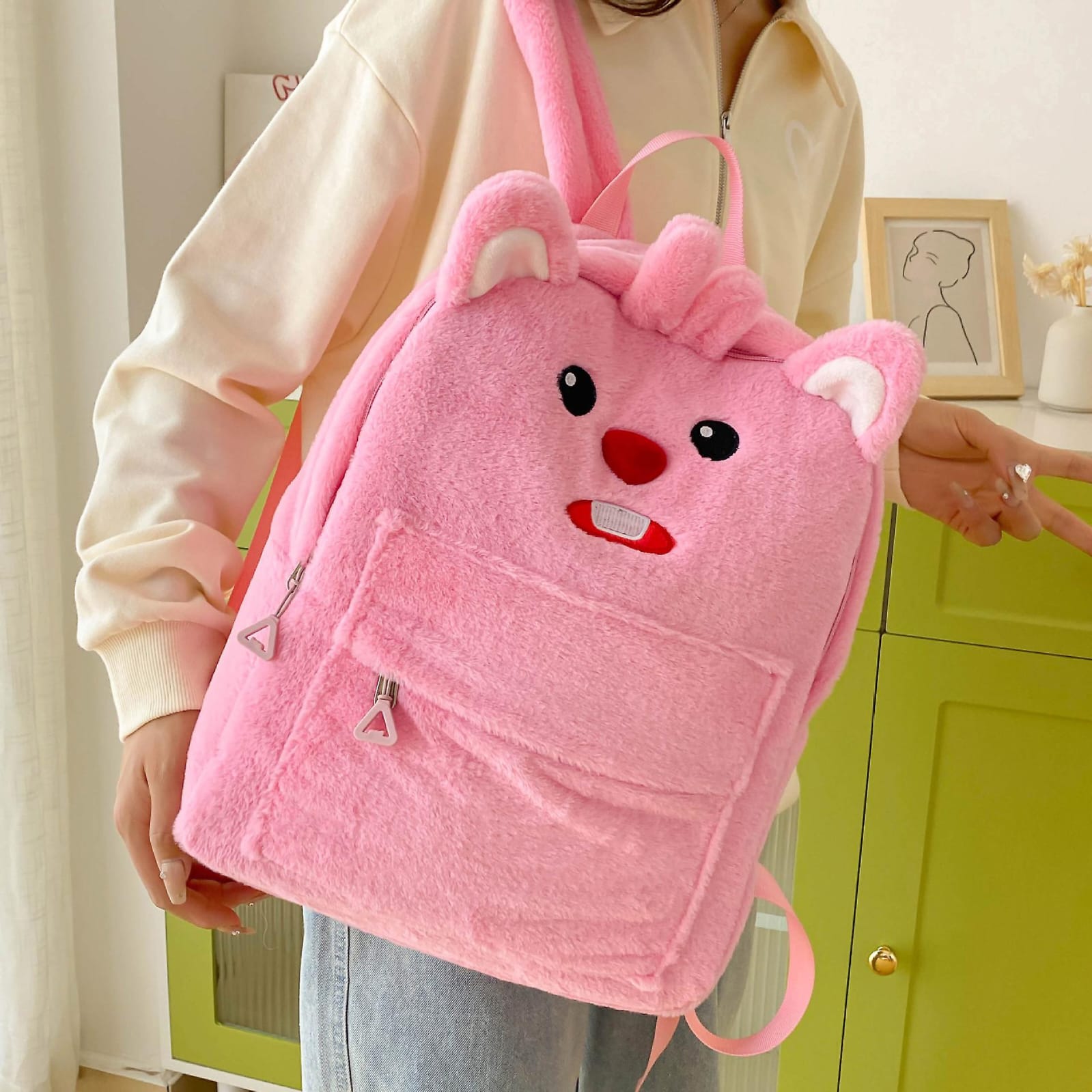 Cute Bunny Plush Backpack – Fluffy School Bag with Front Pocket