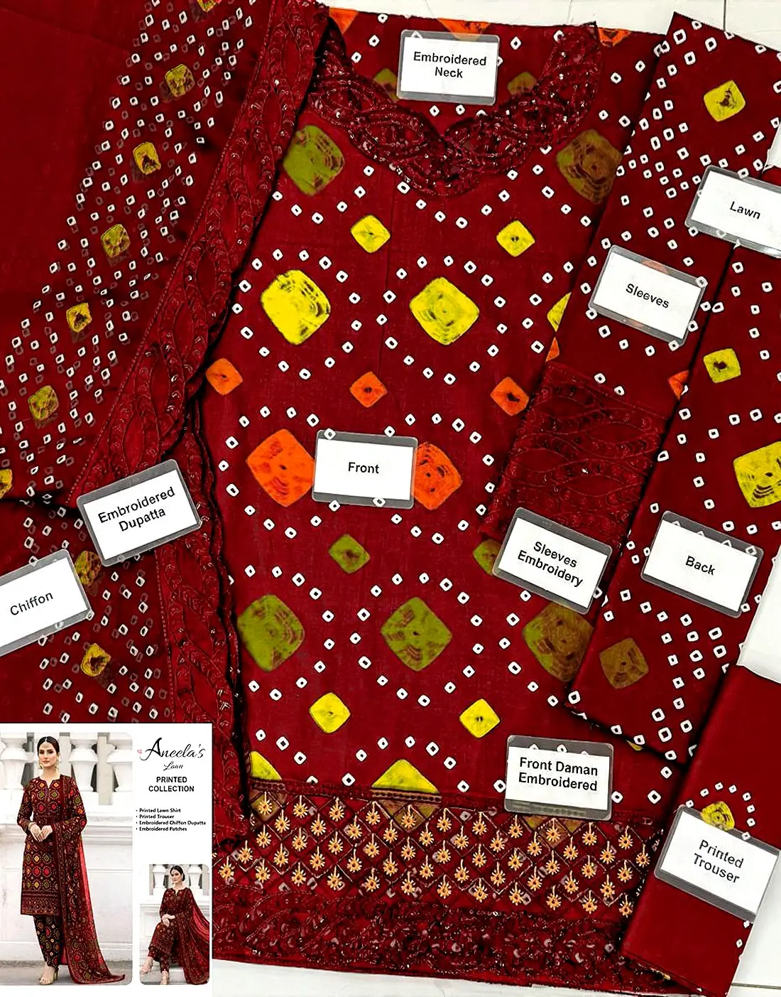Trendy Digital Chunri Print Embroidered Lawn 3PC Unstitched Suit with Chiffon Dupatta - Image 2