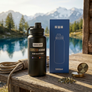 1000ml Matte Black Stainless Steel Vacuum Insulated Water Bottle With Carrying Strap Durable And Stylish