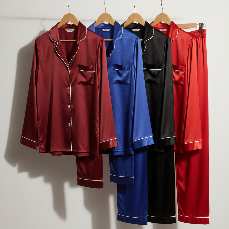Classic Couple Night Suit Silk Satin Pajama Set – Long Sleeve Top & Full-Length Pants (4 Pcs) | DC-C007 - Image 4