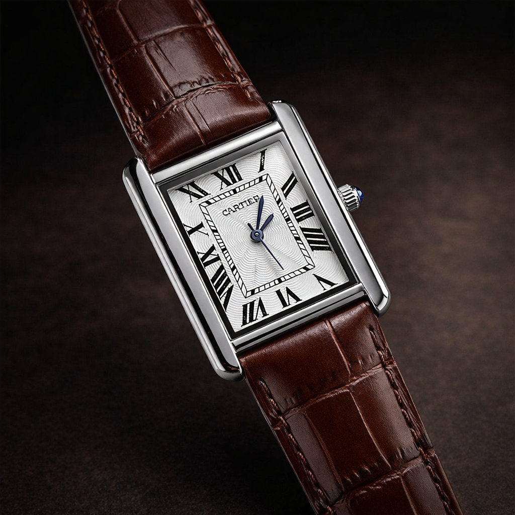 Cartier Style Rectangular Analog Watch for Men – Brown Leather Strap | Quartz Wrist Watch - Image 3