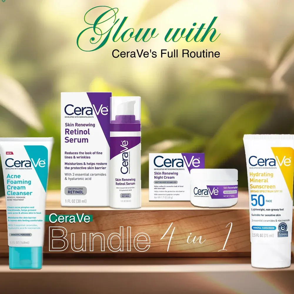 CeraVe 4 In 1 Skincare Kit Night Cream Retinol Serum Acne Foaming Cream Cleanser Hydrating Mineral Sunscreen - Image 3