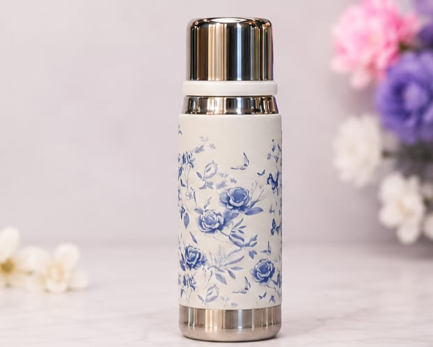 Premium Stainless Steel Water Bottle – Elegant Floral Print Design | Double Wall Insulated | Hot & Cold Flask (Random Color) - Image 2