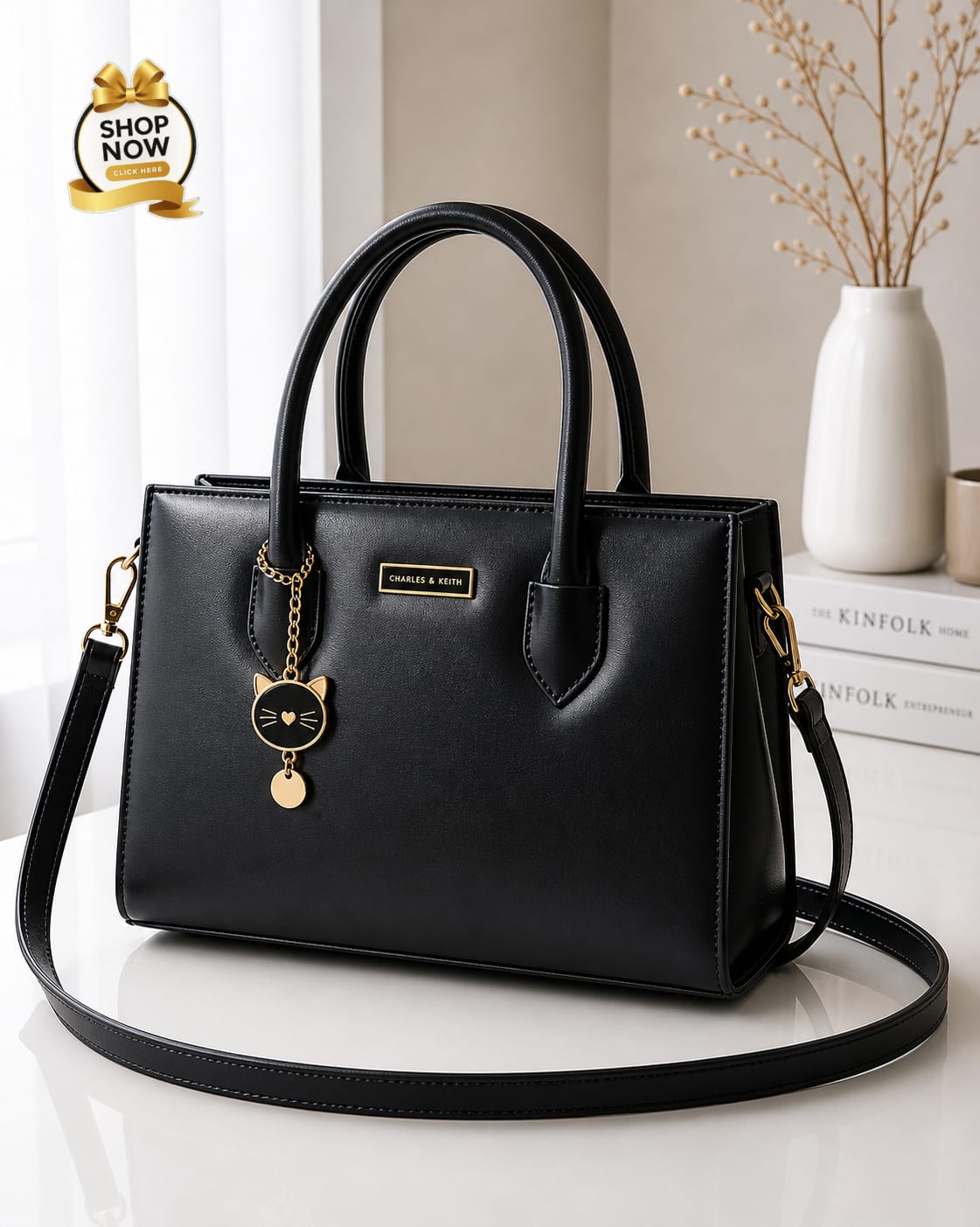 Charles And Keith 2 Zipper Bag Leatherette Handbag With Small Cat Charm And Detachable Shoulder Strap - Image 4