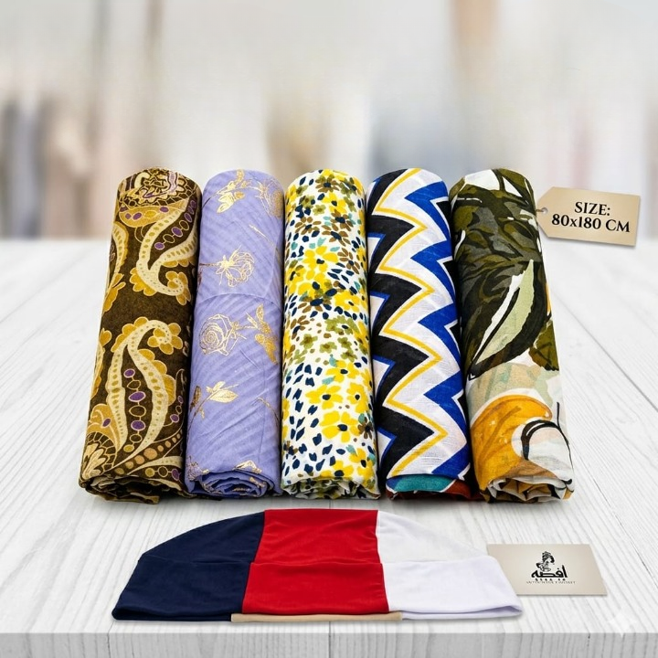 5-Piece Printed Lawn Hijab Bundle with 4-in-1 Multi-Color Inner Cap – Soft Premium Lawn Scarves for Women | Random Color Mix Print - Image 2
