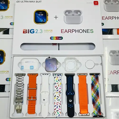 I20 Ultra Max Suit Smartwatch 10-in-1 Box – 2.3-Inch Large Display with 7 Mixed Color Straps and AirPods 2 – Complete Smart Combo Set for Men and Women (Random Color) - Image 3