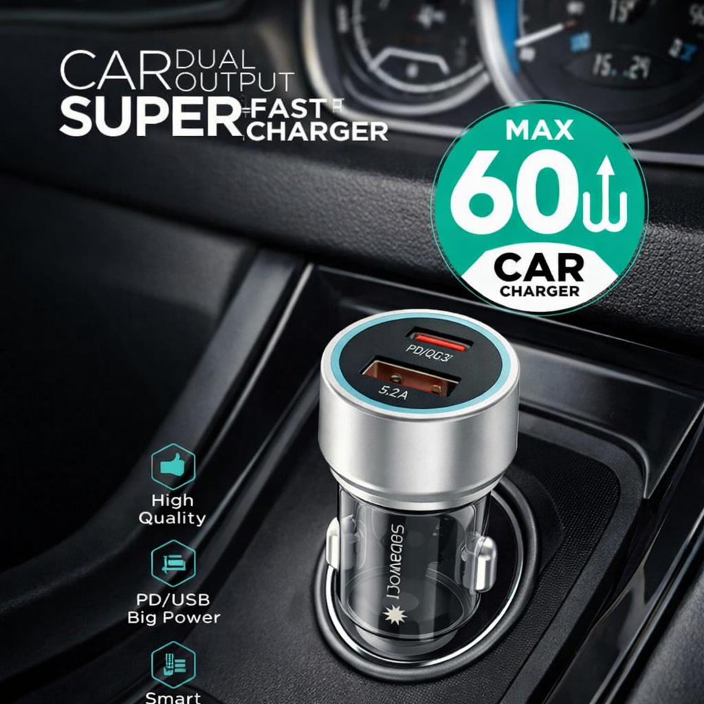 Sabawoon S134 60W Original Car Charger Adapter – PD + USB Dual Port Fast Charging for All Mobile Phones - Image 2
