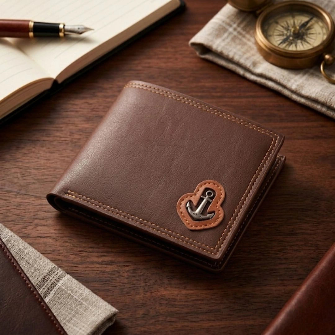Anchor Emblem Bifold Leather Wallet with Box – Multi Card Slots, Cash Pocket & Zipper Pocket - Image 2