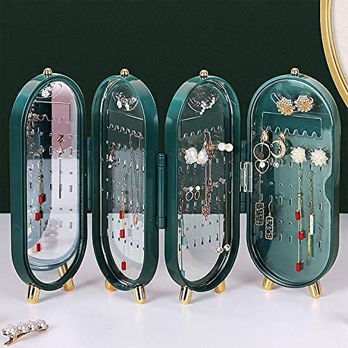 Jewellery Box Organiser with Mirror - Foldable Exquisite Dustproof Jewelry Storage Case Multi-Function Screen Shaped Metal Display Jewelry Stand for Earring - Necklace & Bracelet (Random Color) - Image 4