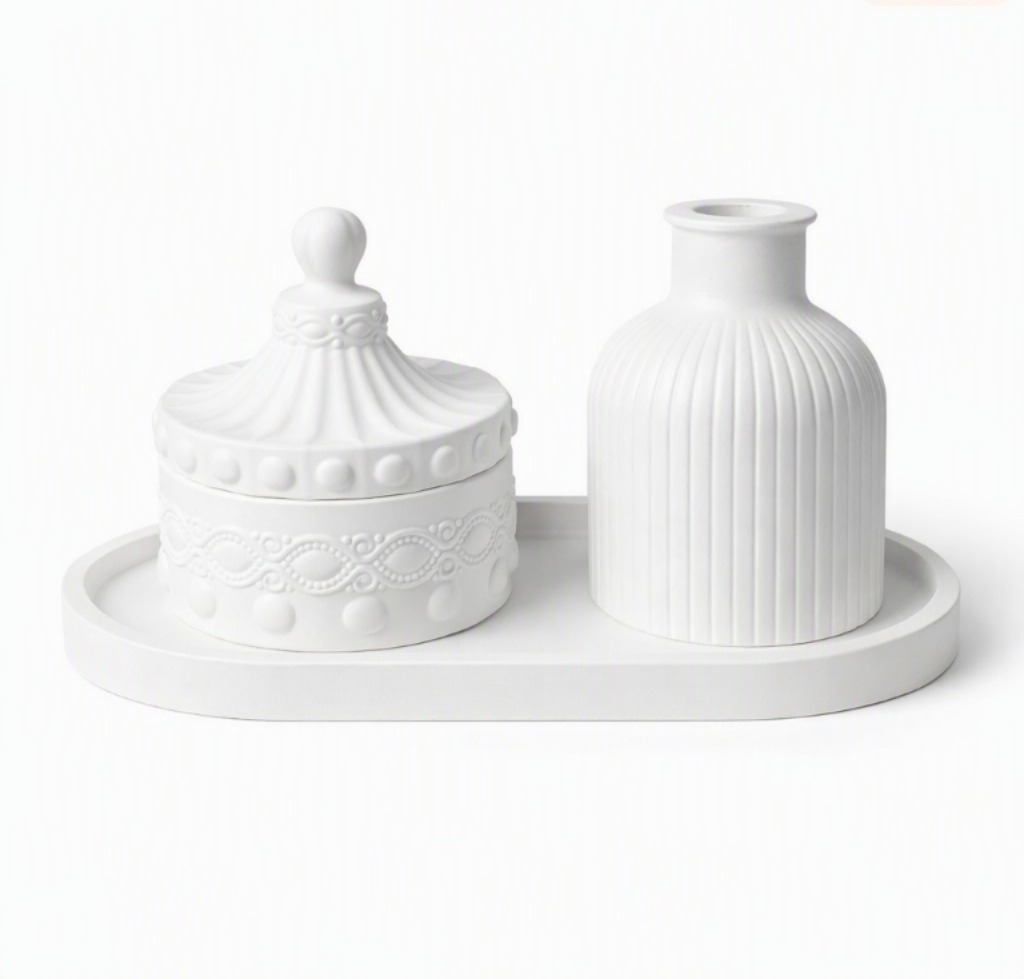 Aesthetic 3-Piece Organizer & Home Decor Set with Oval Tray, Mini Vase & Decorative Storage Box | Vanity, Coffee Table & Bedroom Decoration - Image 2