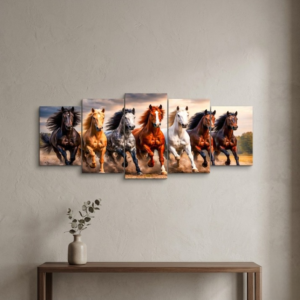 Seven Galloping Horses Panoramic Wooden Wall Art Frame Set | 5-Piece Majestic Equine Wildlife Sticky Tiles | Modern Success & Speed Decor | 40x16 Inch