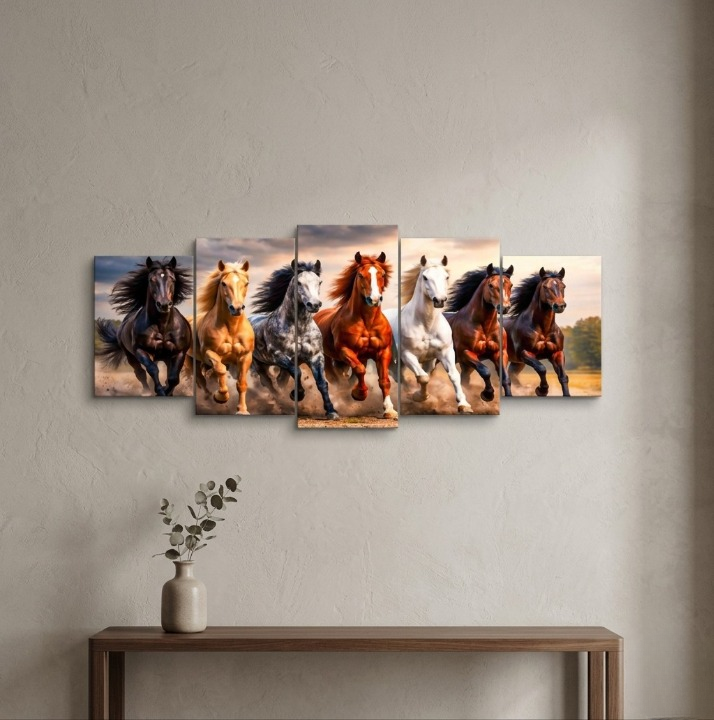 Seven Galloping Horses Panoramic Wooden Wall Art Frame Set | 5-Piece Majestic Equine Wildlife Sticky Tiles | Modern Success & Speed Decor | 40x16 Inch