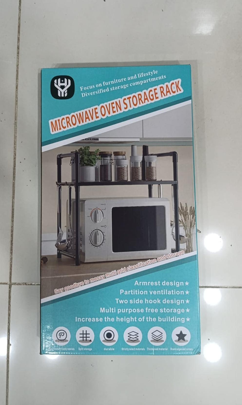 Microwave Oven Storage Rack 2-Tier Kitchen Organizer | Space-Saving Carbon Steel Shelf For Countertop And Utensils | Random Colour ~ Plastic - Image 5