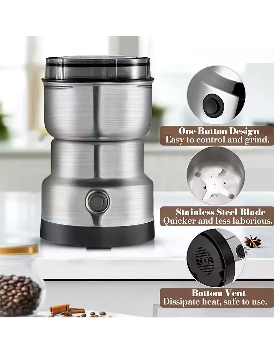 Electric Stainless Steel Coffee & Masala Grinder Machine ��� Multipurpose Spice, Dry Fruit & Herb Grinder - Image 4