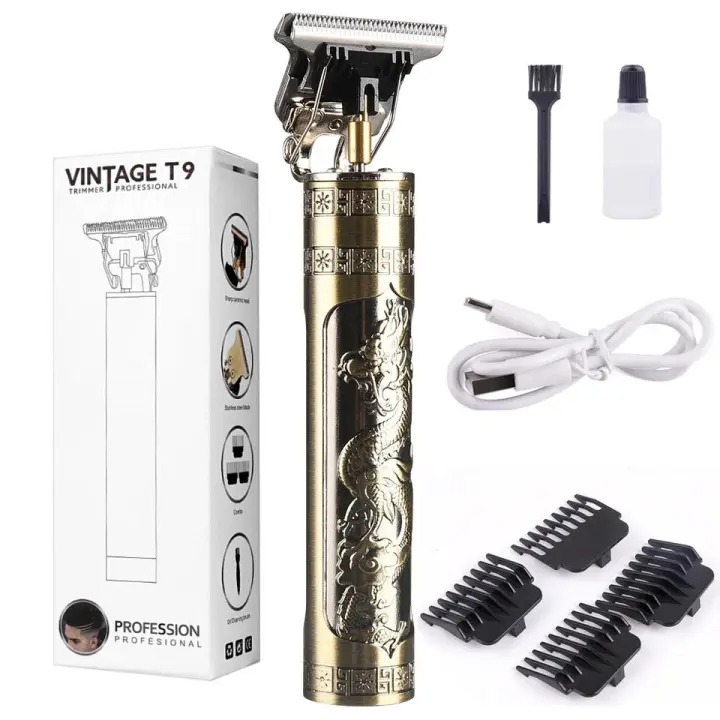 Vintage T9 Metal Body Hair Trimmer for Men – USB Rechargeable Professional Hair Clipper | Precision Beard, Hair & Detailing Grooming Tool