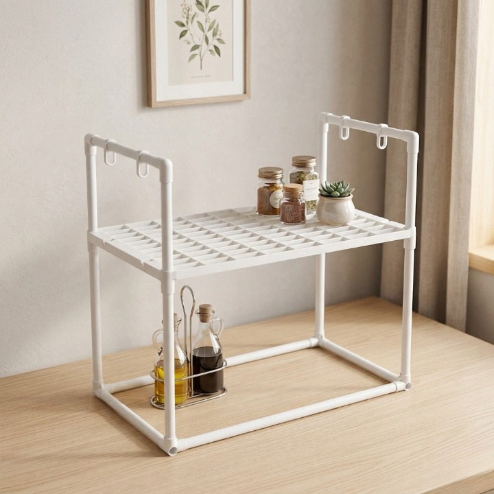 Microwave Oven Storage Rack 2-Tier Kitchen Organizer | Space-Saving Carbon Steel Shelf For Countertop And Utensils | Random Colour ~ Plastic - Image 3