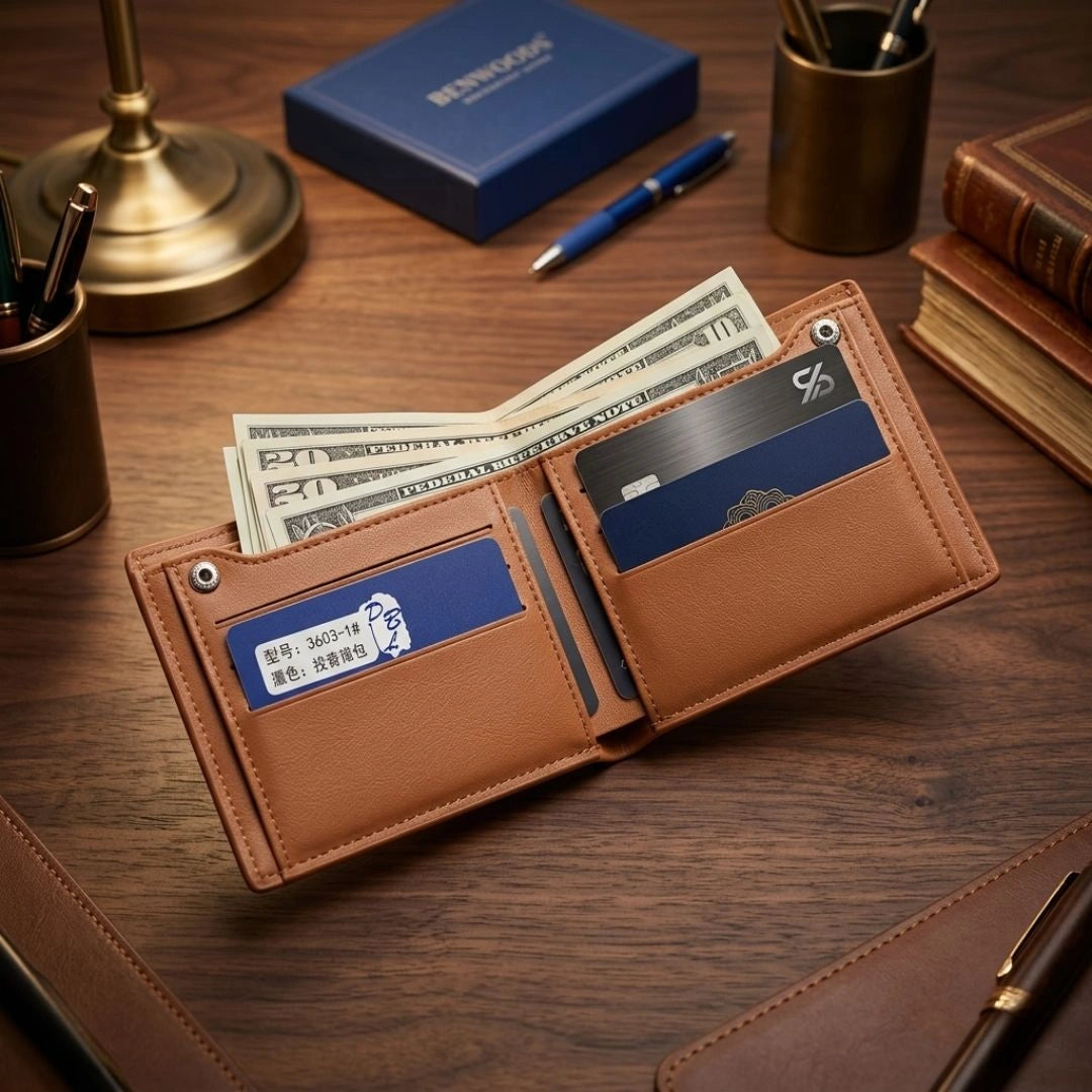 Anchor Emblem Bifold Leather Wallet with Box – Multi Card Slots, Cash Pocket & Zipper Pocket