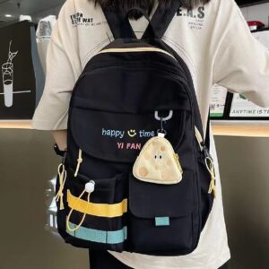 Stylish Black Backpack with Blue & Yellow Stripes + Cute Mouse-Shaped Coin Purse | Lightweight, Durable, School & Travel Bag