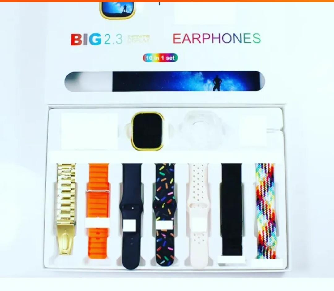 I20 Ultra Max Suit Smartwatch 10-in-1 Box – 2.3-Inch Large Display with 7 Mixed Color Straps and AirPods 2 – Complete Smart Combo Set for Men and Women (Random Color) - Image 2