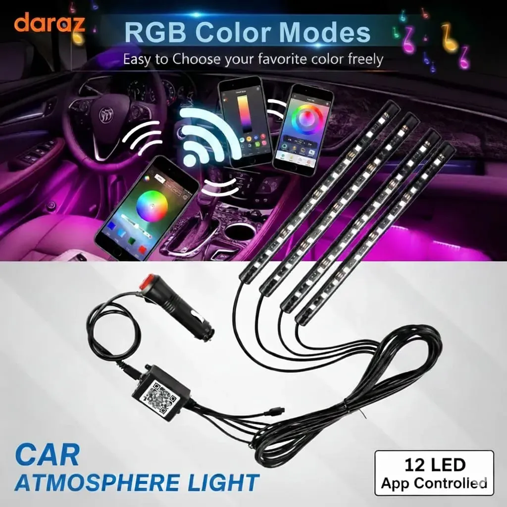 Car Atmosphere Light (12 LED Model) – Smart RGB Ambient Interior Lighting | App-Controlled LED Foot & Backlight | 12V Universal Car Mood Light - Image 2