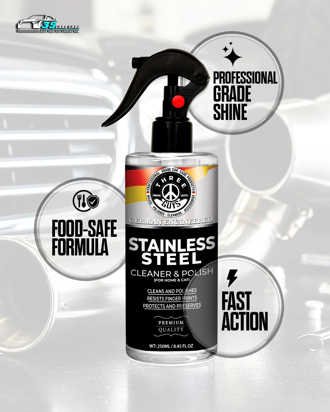 Stainless Steel Cleaner & Polish – Fingerprint Remover & Protective Shine Spray | THREE GUYS - German Engineered (250) ML