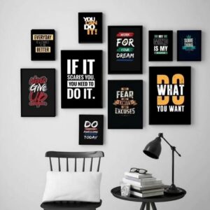 Modern 10 Piece Yellow And Black Motivational Wall Art Set Wooden MDF Sticky Phototile Frames | Double Tape Included