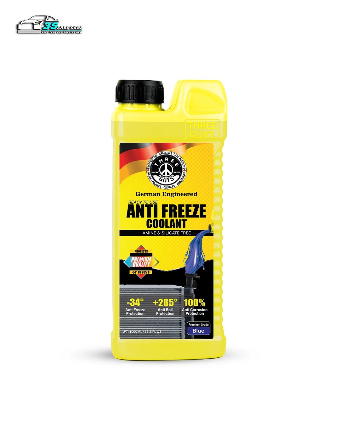 THREE GUYS Antifreeze Coolant Blue – Premium Grade HOAT Coolant | Long-Life Radiator Fluid | Engine Overheat & Freeze Protection | Ready-to-Use Formula (1000) ML