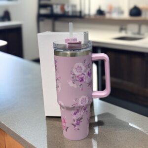 Floral Insulated Travel Tumbler with Ergonomic Handle and Leak-Resistant Lid – 40oz Double-Wall Vacuum Flask ( Random Color )