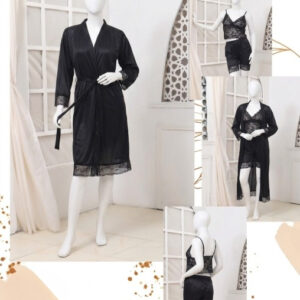Women's Luxury Silk Nightwear Set with Black Lace – 3 Piece Robe & Slip Dress SKU R-011 Free Size