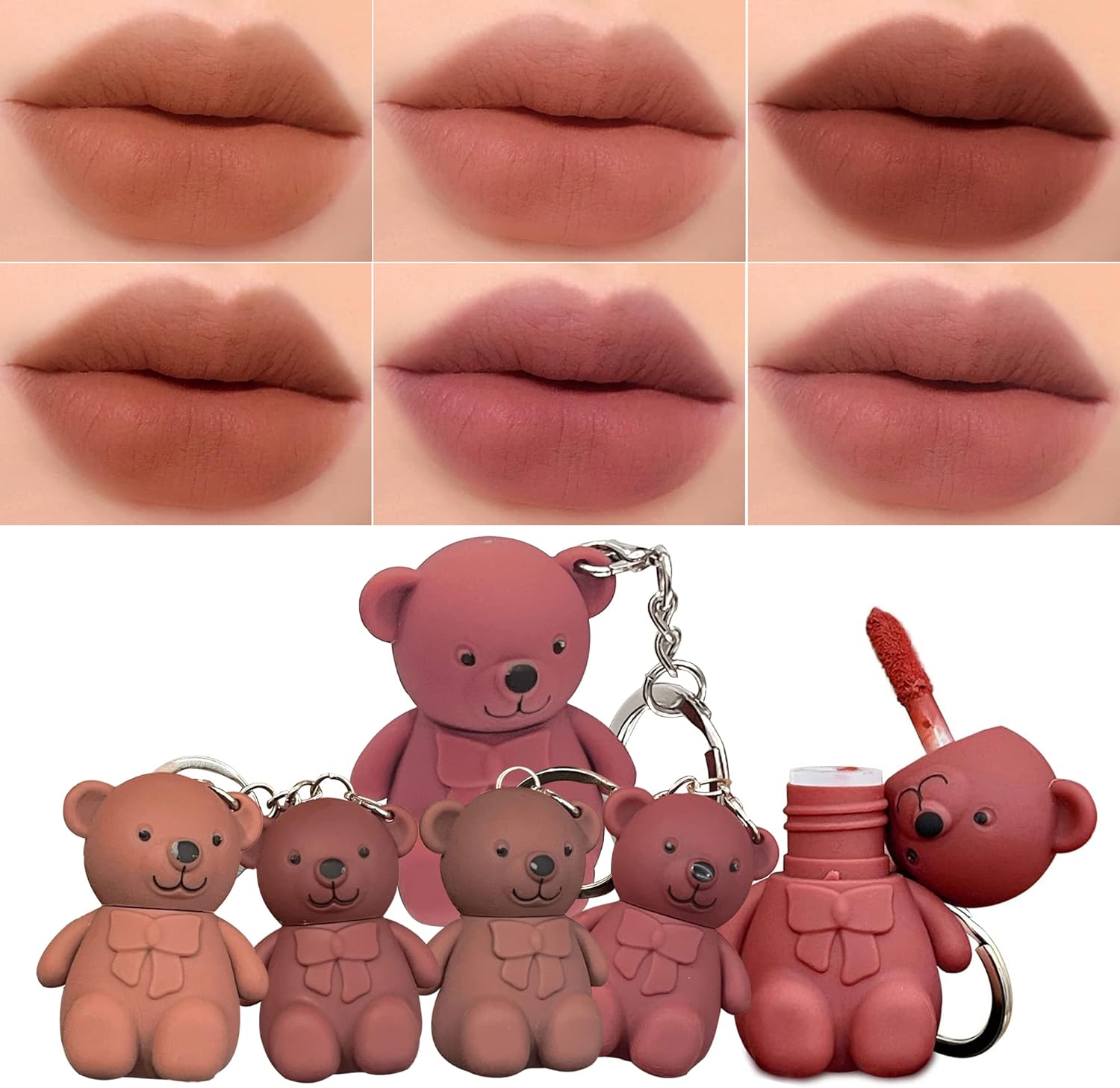 6-Piece Cute Bear Keychain Liquid Lipstick Set – Mist Matte Velvet Finish, Moisturizing Lip Stain, Waterproof & Long-Lasting Lip Gloss (6 Colors) - Image 5