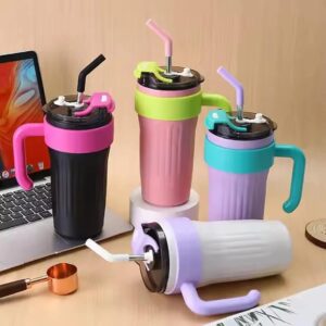 40oz Thermos Travel Mug with Handle, Leakproof Lid & Stainless Steel Straw ��� Double Wall Insulated Hot & Cold Tumbler - Random Color