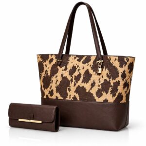 2 Pcs Premium Cow Print Tote Bag Set for Women – Stylish Shoulder Handbag with Matching Pouch