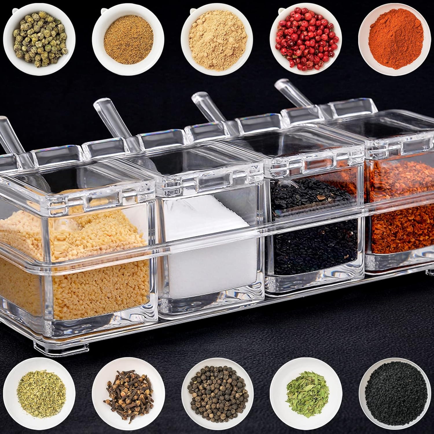 Crystal Seasoning Box With 4 Compartments And Spoons – Transparent Spice Storage Container Set For Kitchen Organization - Image 2
