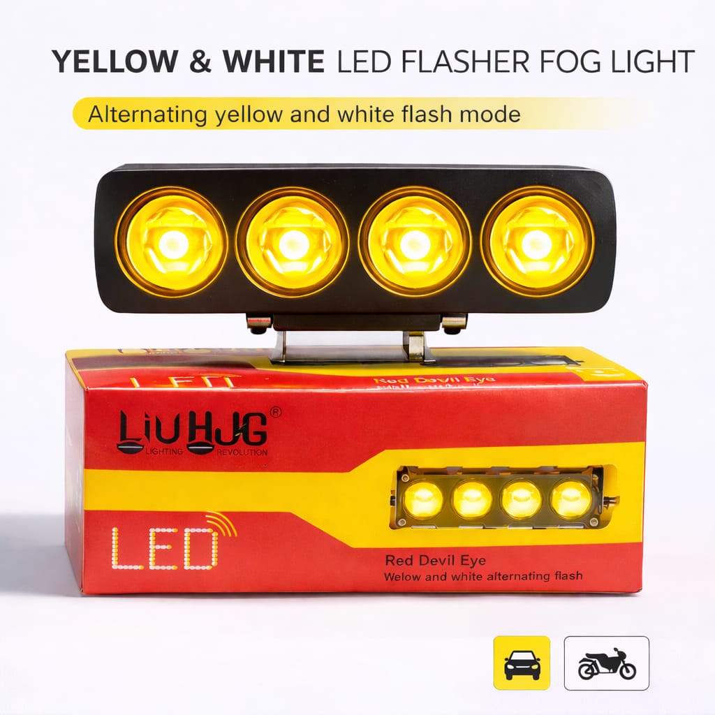 4 Lens Flasher Fog Light 40W ā Dual Color White & Yellow LED Strobe Light for Bike & Car (DC 9Vā80V)