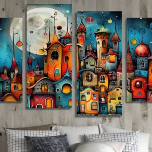 Abstract Fantasy City Wall Art Canvas Set – Colorful Modern Decorative Panels (Size : 2pcs 8*14 & 2pcs 8*16)
