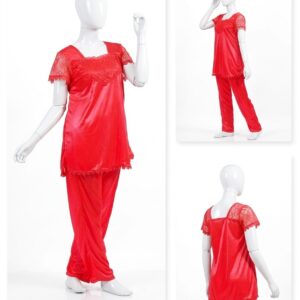 2 Pcs Premium Silk Lace Women's Sleepwear Set T-Shirt & Trouser Nightwear (Free Size)